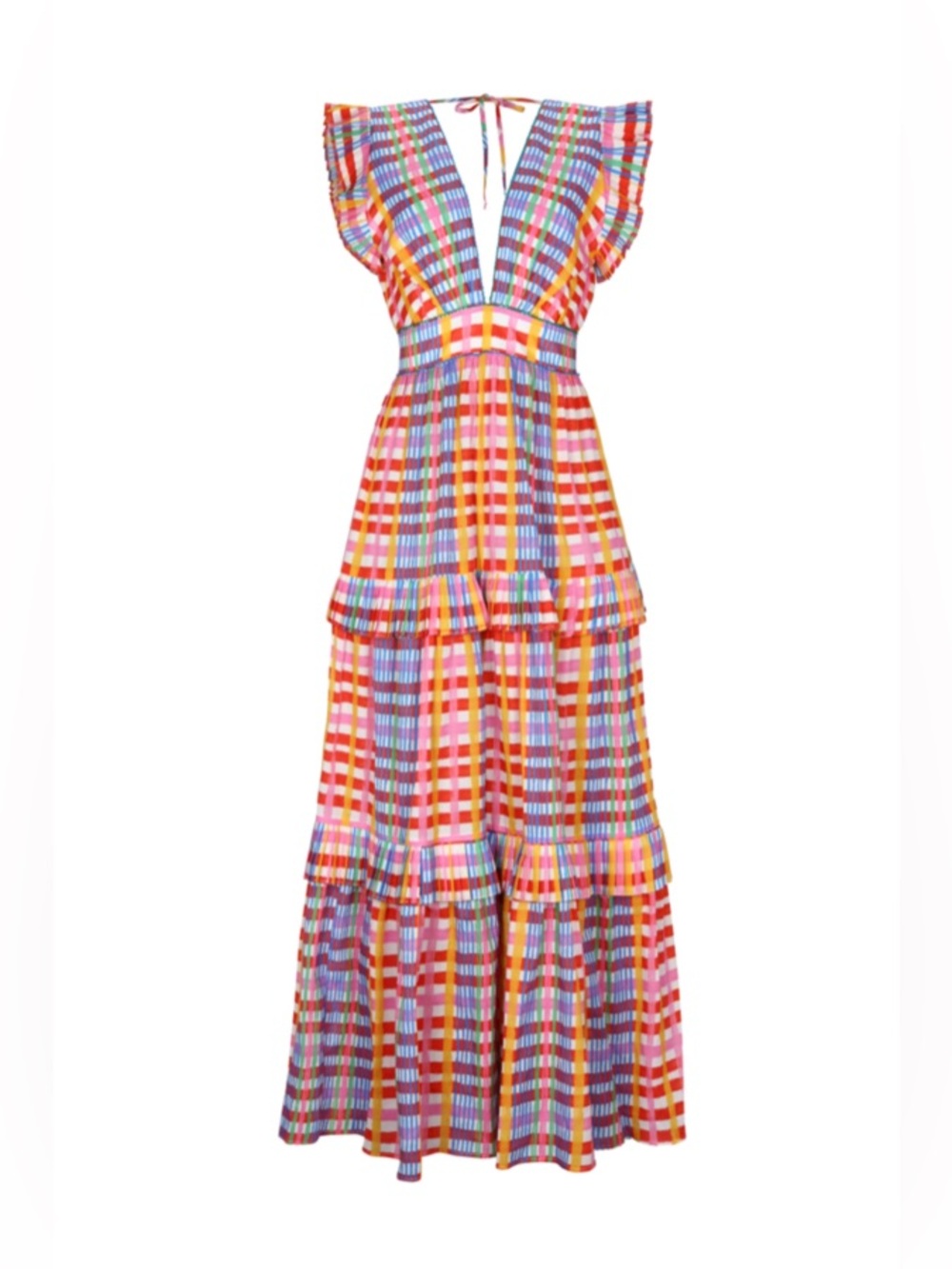 De Loreta Colorful Check Tiered Maxi Dress with Flutter Cap Sleeves